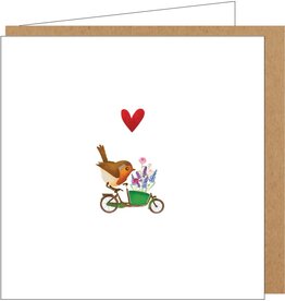 Yon Wenskaart - Roodborstje op Fiets - Dubbele kaart + Envelop