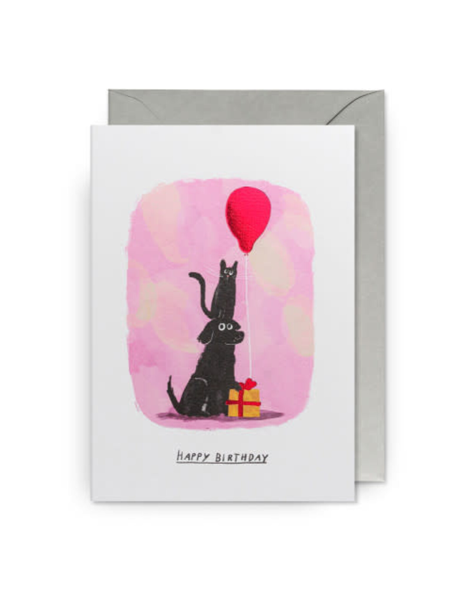John Bond Wenskaart - Cat&Dog Gift+Balloon, Happy Birthday - Dubbele kaart + Envelop