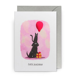 John Bond Wenskaart - Cat&Dog Gift+Balloon, Happy Birthday - Dubbele kaart + Envelop