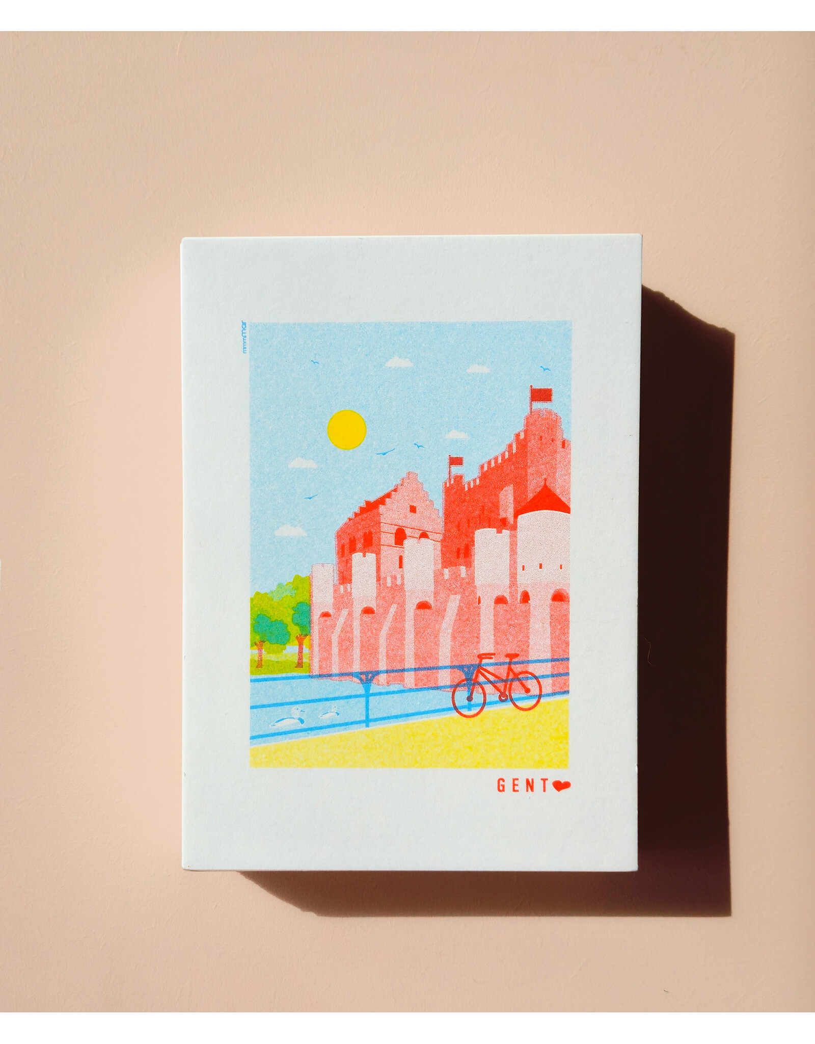 mmmMar Wenskaart  - Gravensteen, Fiets (Aqua/Rood/Geel) - Postkaart + Envelop