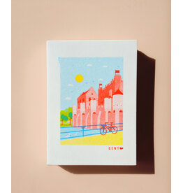 mmmMar Wenskaart  - Gravensteen, Fiets (Aqua/Rood/Geel) - Postkaart + Envelop