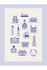 mmmMar Theedoek Gebouwen Gent 2.0 - Blauw - 48 x 70 cm - 100% Katoen