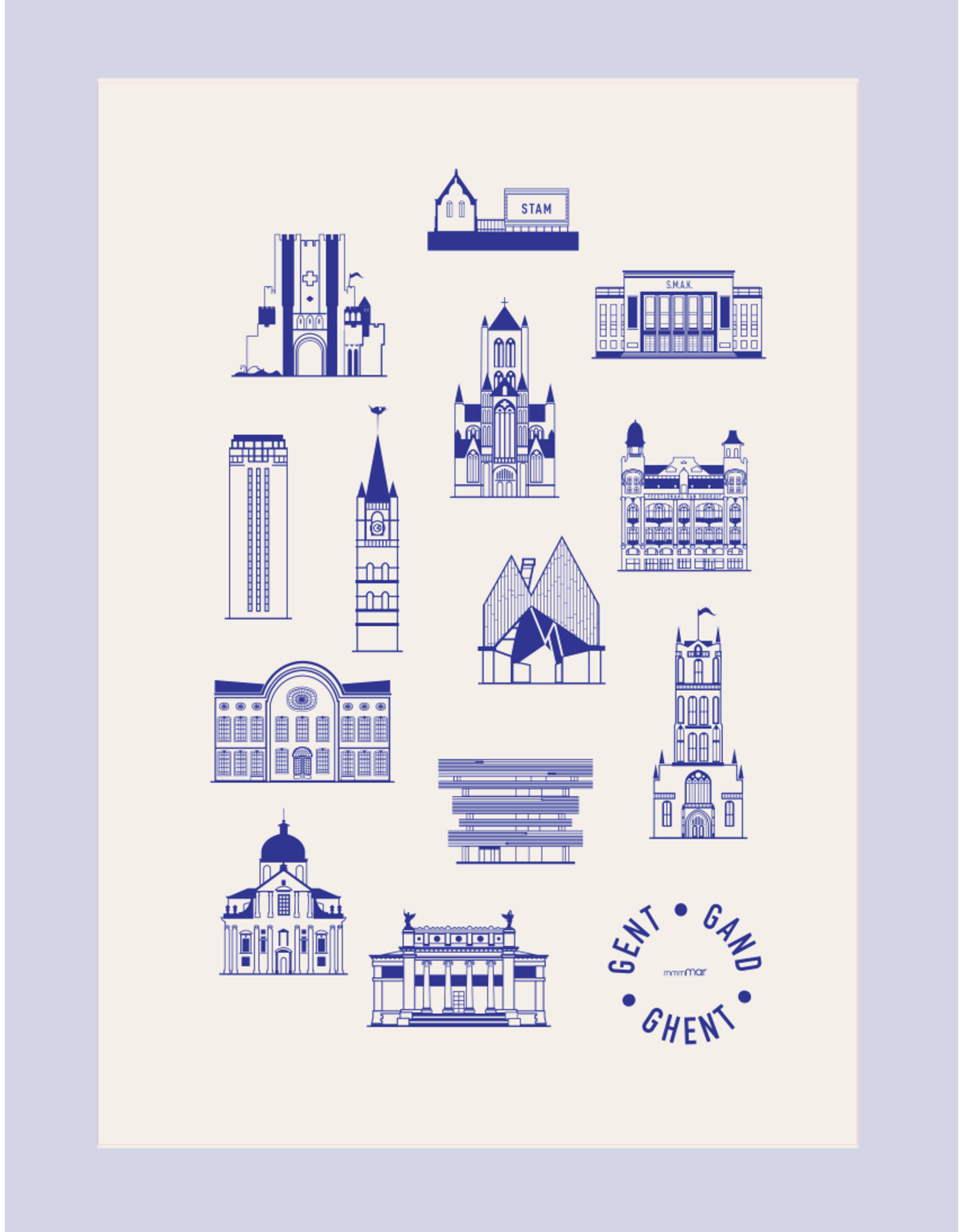 mmmMar Theedoek Gebouwen Gent 2.0 - Blauw - 48 x 70 cm - 100% Katoen