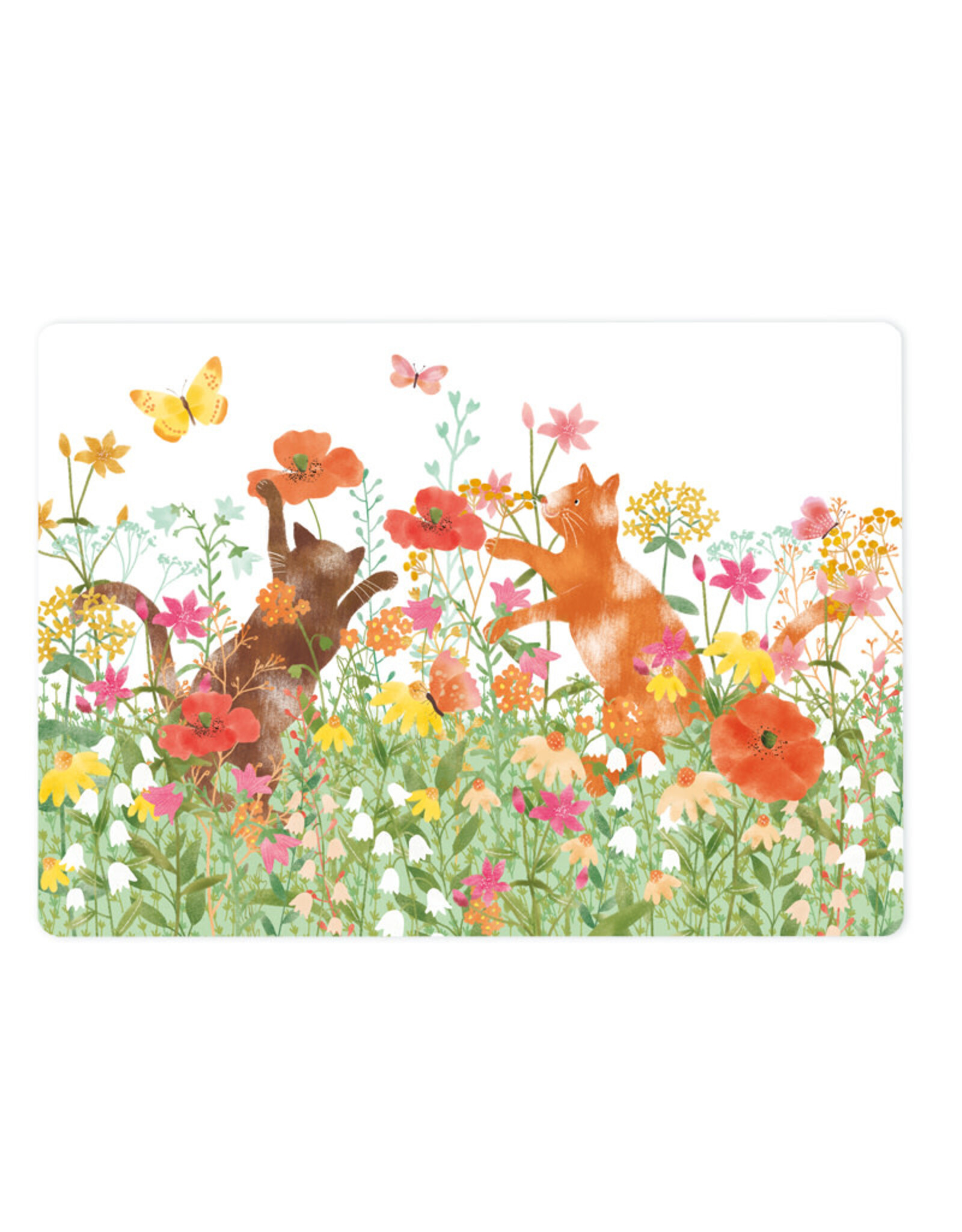 LemonBird Wenskaart - Katten in bloemenveld - Postkaart + Envelop