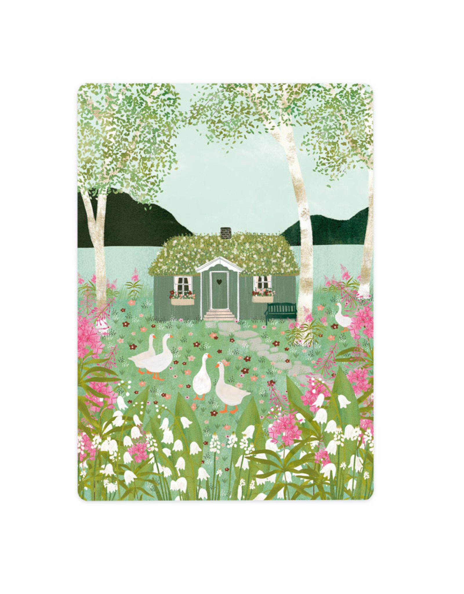 LemonBird Wenskaart - Huisje met ganzen - Postkaart + Envelop