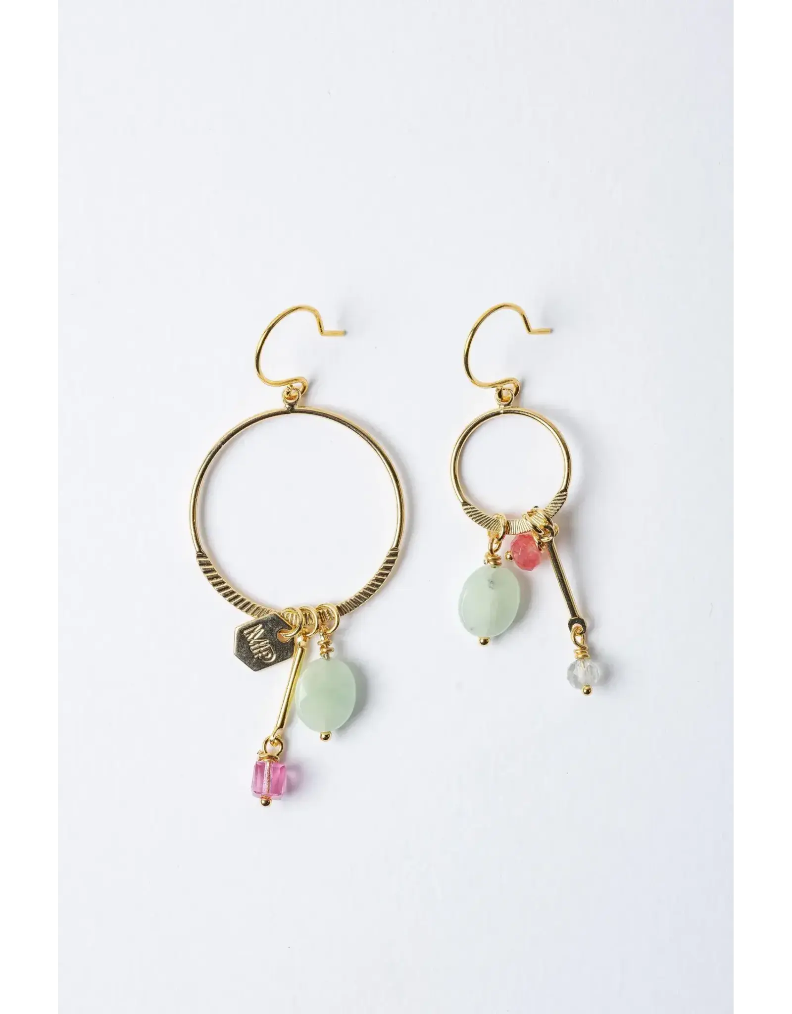 Murielle Perrotti Oorbel MP - Uma - Rutielkwarts, jade, kristal - Goud/Mint/Roze - Asym