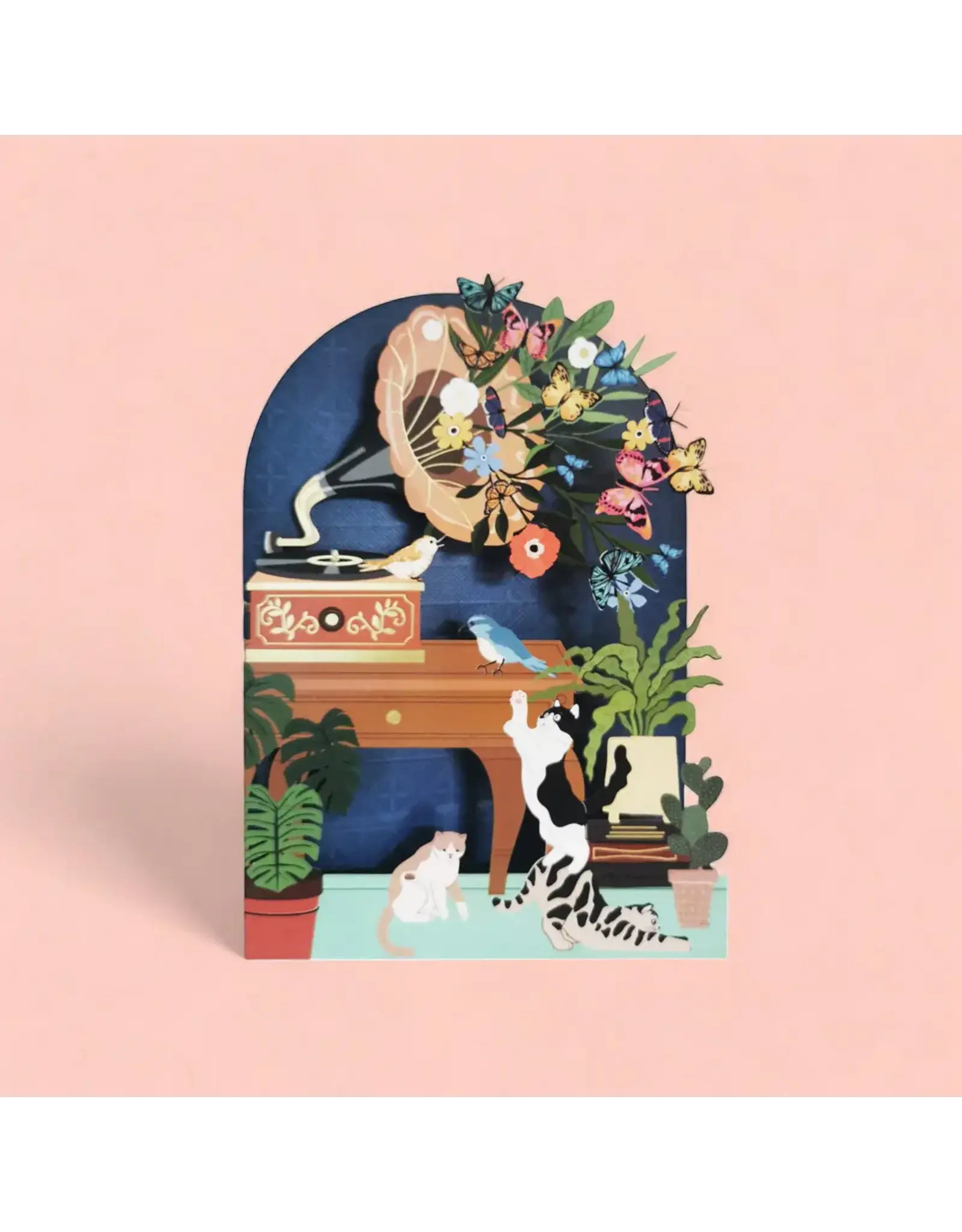 AllJoy Design Wenskaart - Cats and Birds - Dubbele kaart (Papierknipkunst) + Envelop