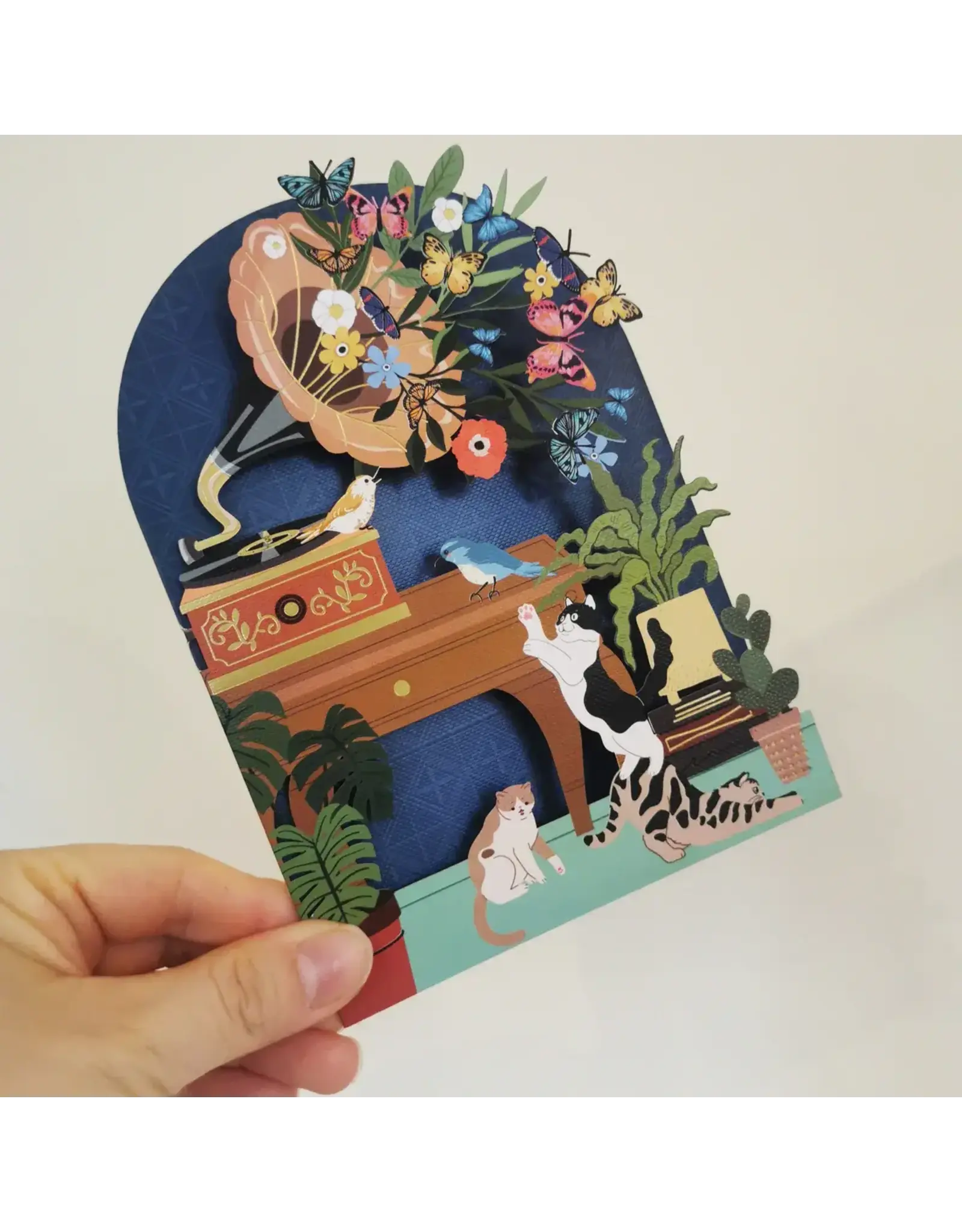 AllJoy Design Wenskaart - Cats and Birds - Dubbele kaart (Papierknipkunst) + Envelop
