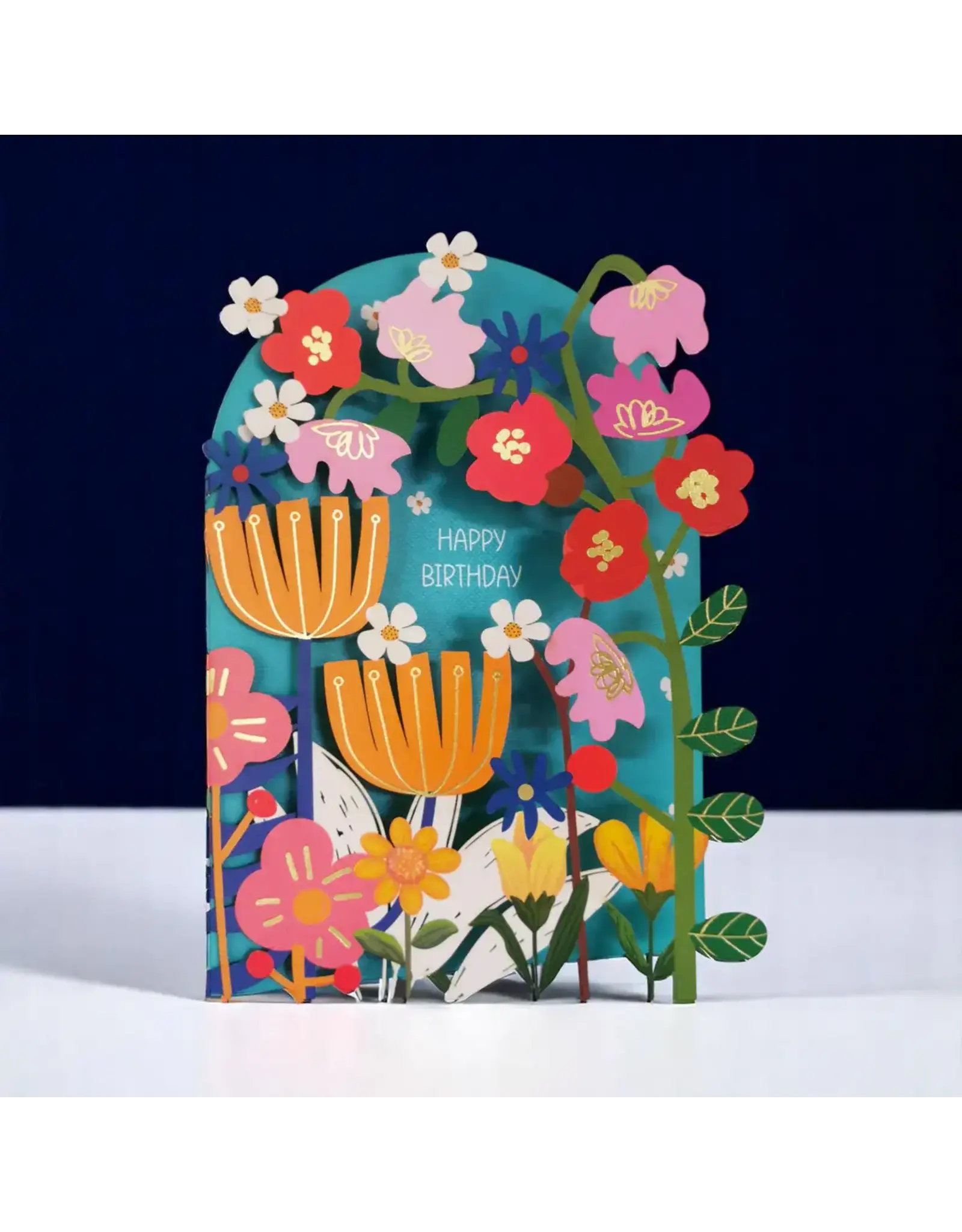 AllJoy Design Wenskaart - Happy Birthday, Flowers - Dubbele kaart (Papierknipkunst) + Envelop