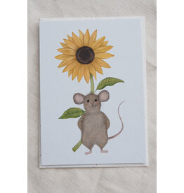 getekenddoorzusje Wenskaart - Muis met Zonnebloem - Postkaart + Envelop