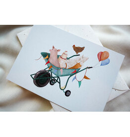 getekenddoorzusje Wenskaart - Kruiwagen Race - Postkaart + Envelop