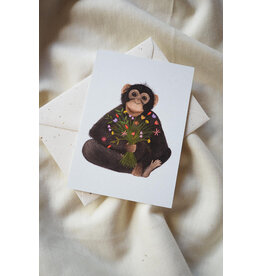 getekenddoorzusje Wenskaart - Chimpansee met Bloemen - Postkaart + Envelop