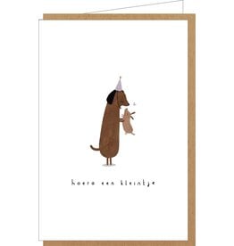 Klein liefs Wenskaart - Hondje, Hoera een kleintje - Dubbele kaart + Envelop