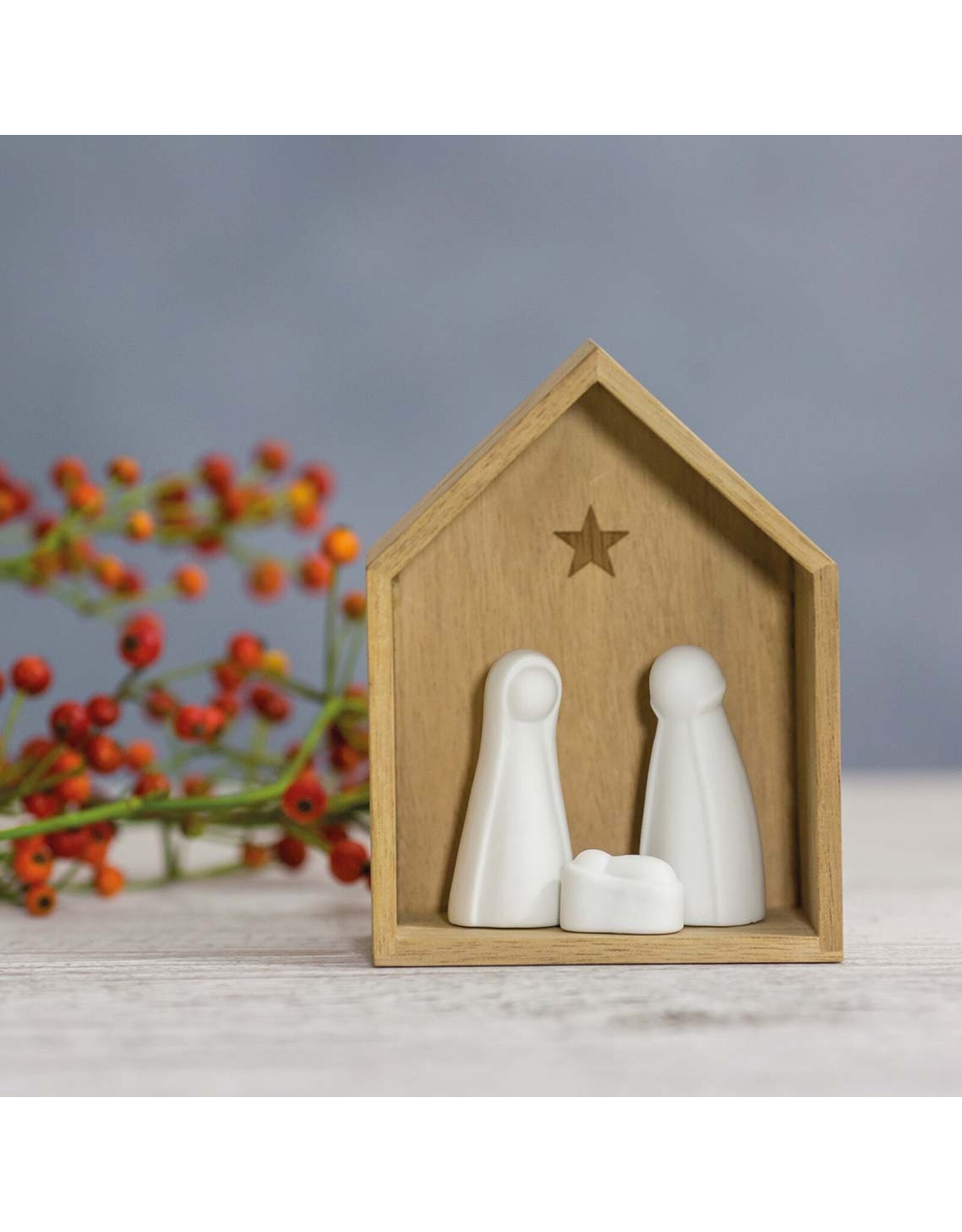 Raeder Kerststal S - Wit Porselein en Hout - 5 x 12 x 9cm