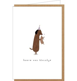 Klein liefs Wenskaart - Hondje, Hoera een kleintje - Dubbele kaart + Envelop