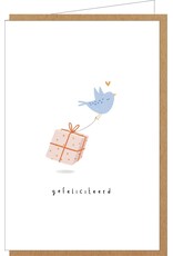 Klein liefs Wenskaart - Vogeltje met Kadootje, Gefeliciteerd - Dubbele kaart + Envelop