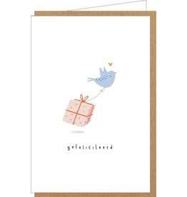 Klein liefs Wenskaart - Vogeltje met Kadootje, Gefeliciteerd - Dubbele kaart + Envelop