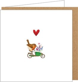 Yon Wenskaart - Roodborstje op Fiets - Dubbele kaart + Envelop