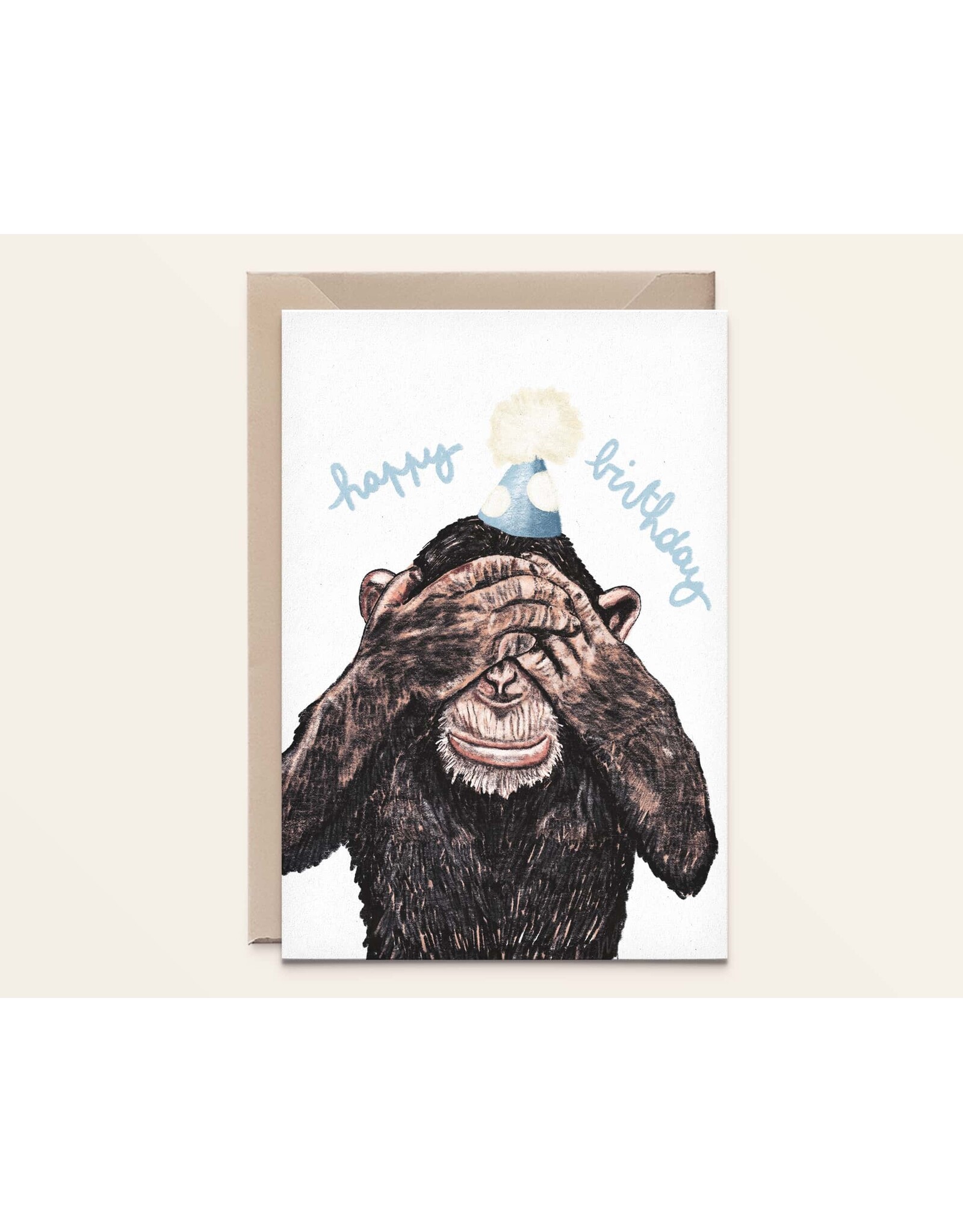 Kathings Wenskaart - Chimpansee, Happy Birthday! - Dubbele kaart + Envelop