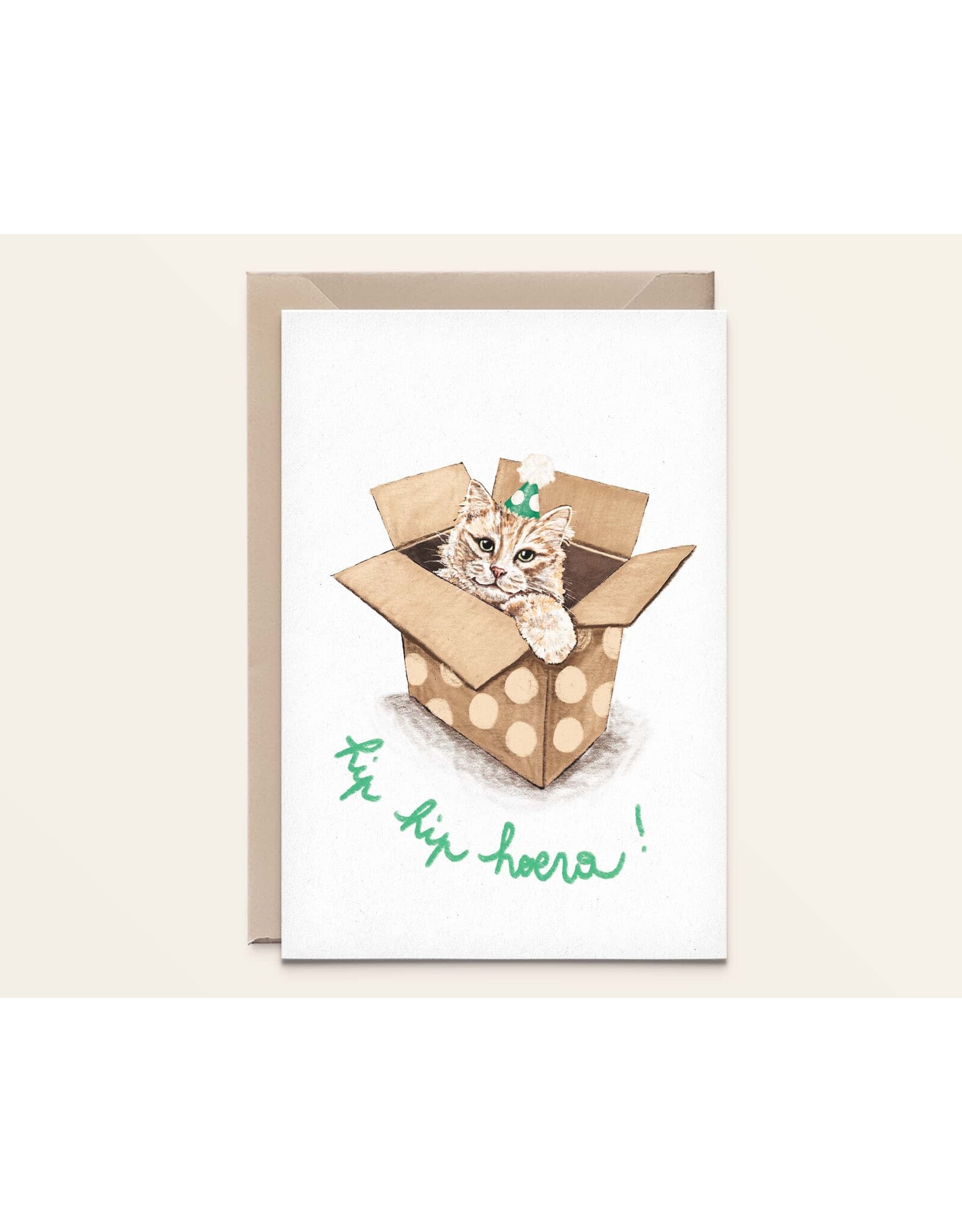 Kathings Wenskaart - Kat Cadeau, Hip Hoera! - Dubbele kaart + Envelop