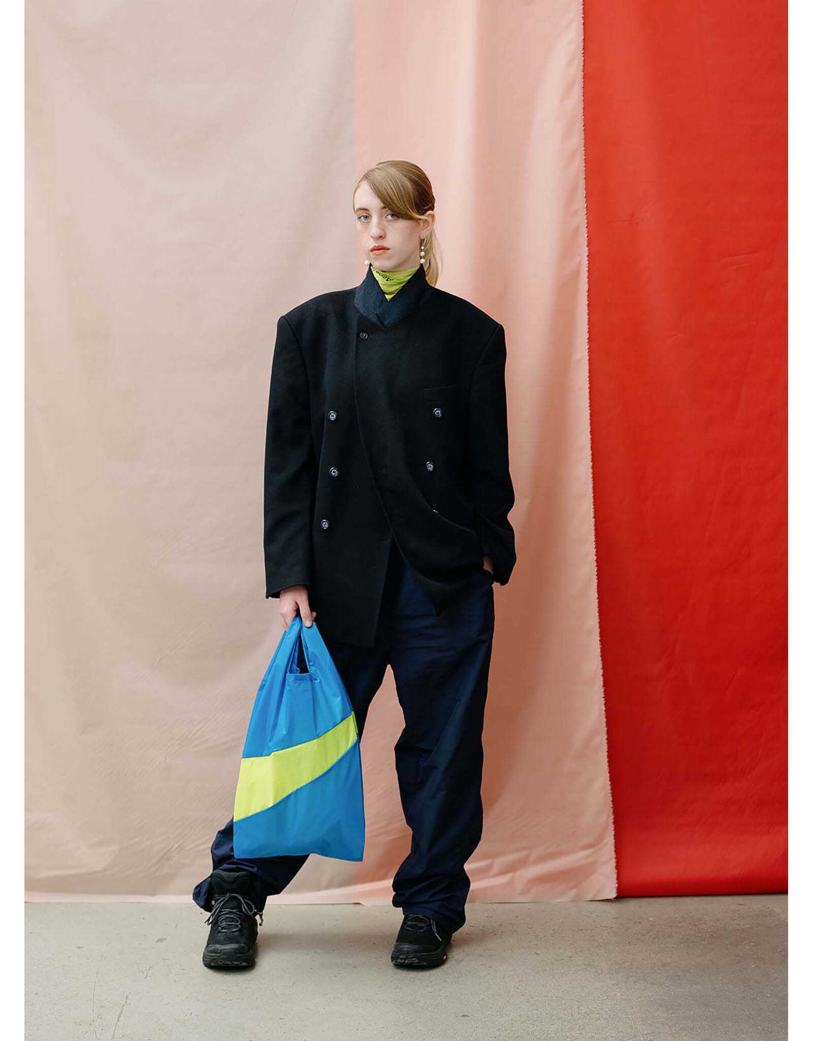 Susan Bijl Shopping bag M, Wave & Fluo Yellow - 27 x 55 x 18 cm