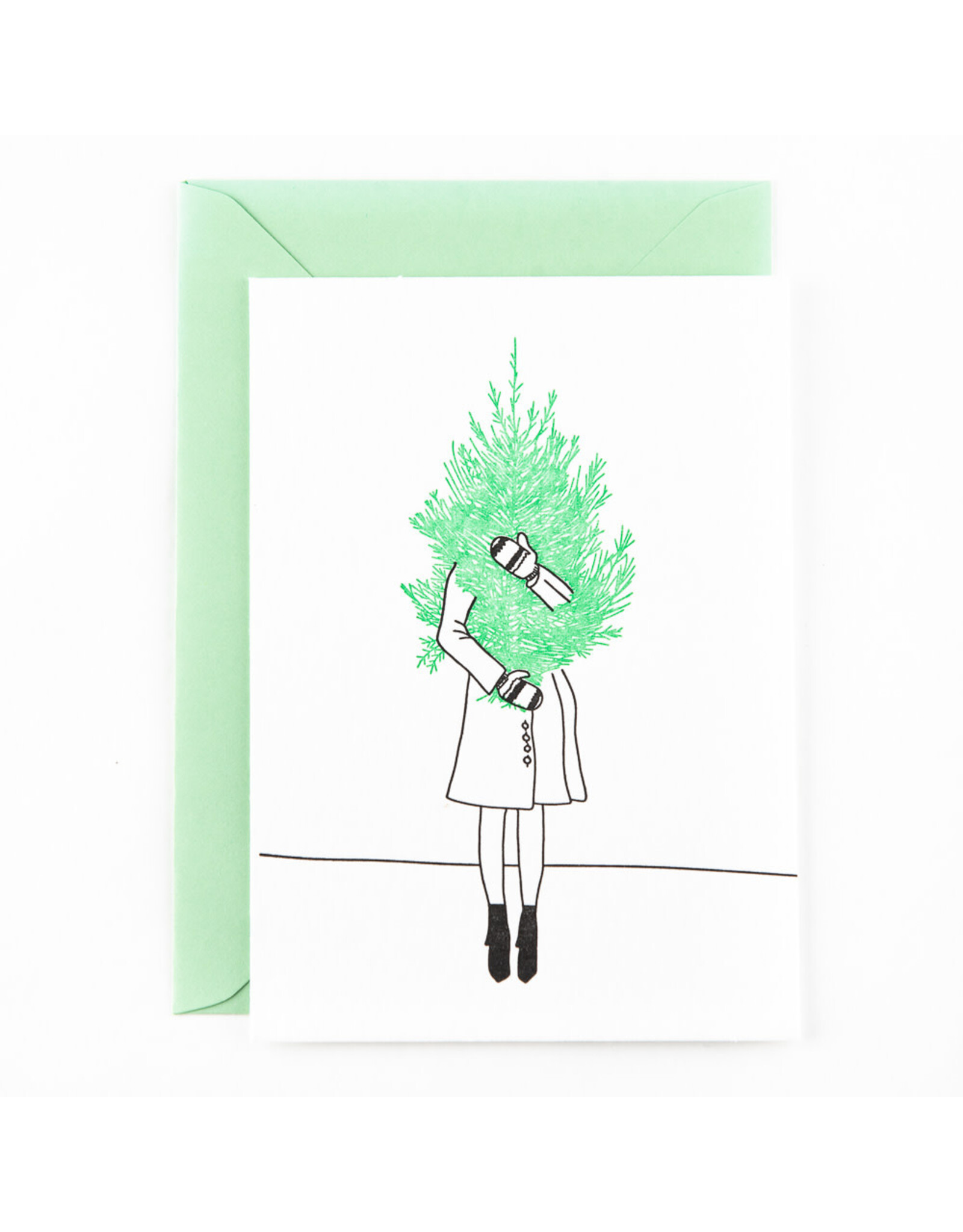 Studio Flash Wenskaart, Kerst - Girl with Christmas tree - Letterpress Kaart + Envelop
