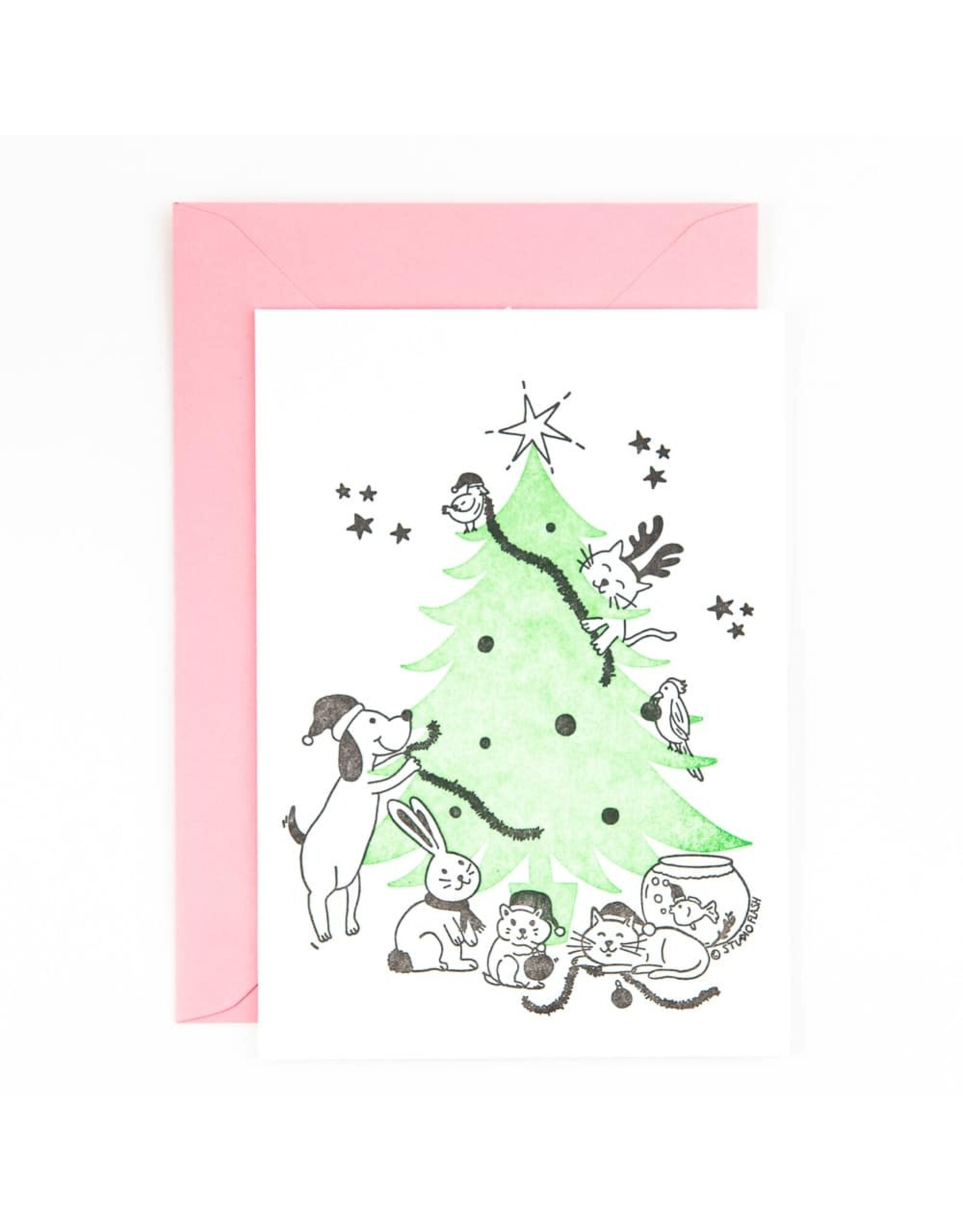 Studio Flash Wenskaart, Kerst - Animals with Chrimas tree - Letterpress Kaart + Envelop