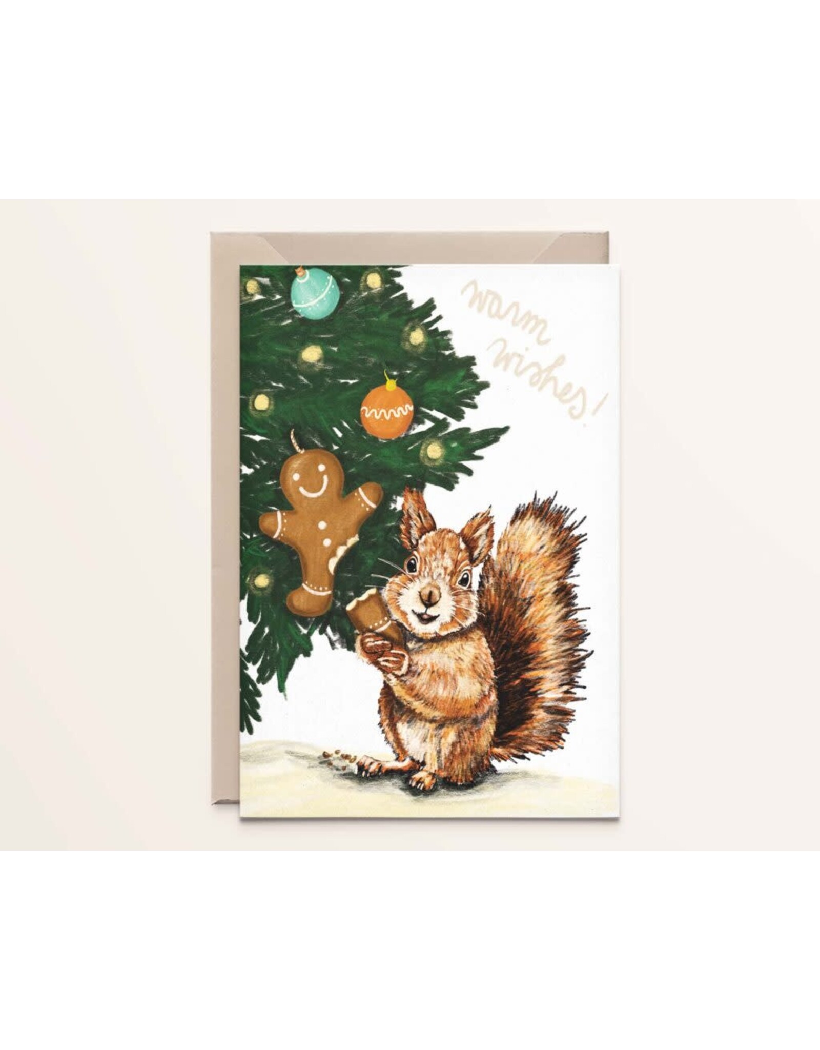 Kathings Wenskaart, Kerst - Squirrel gingerbread - Dubbele kaart + Envelop
