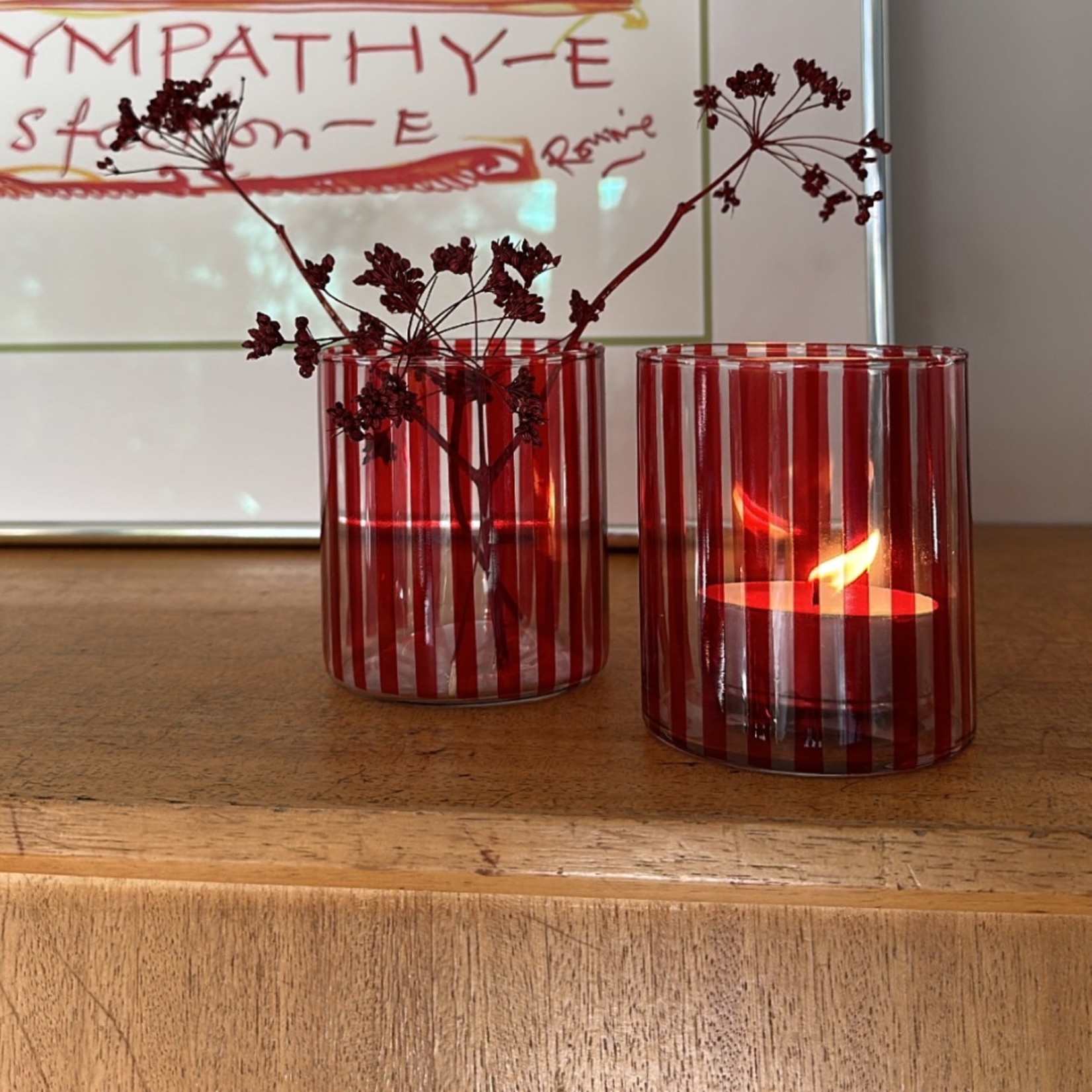 Anna+Nina A+N Red Candy Stripe Glass Tea Light Holder