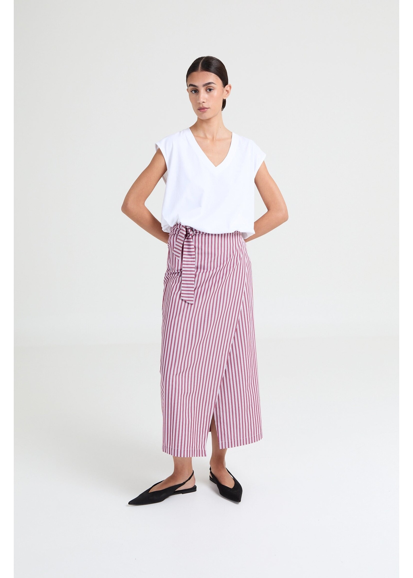 LIVTHELABEL LTL PIXIE WRAP SKIRT PINK/BURGUNDY STRIPES