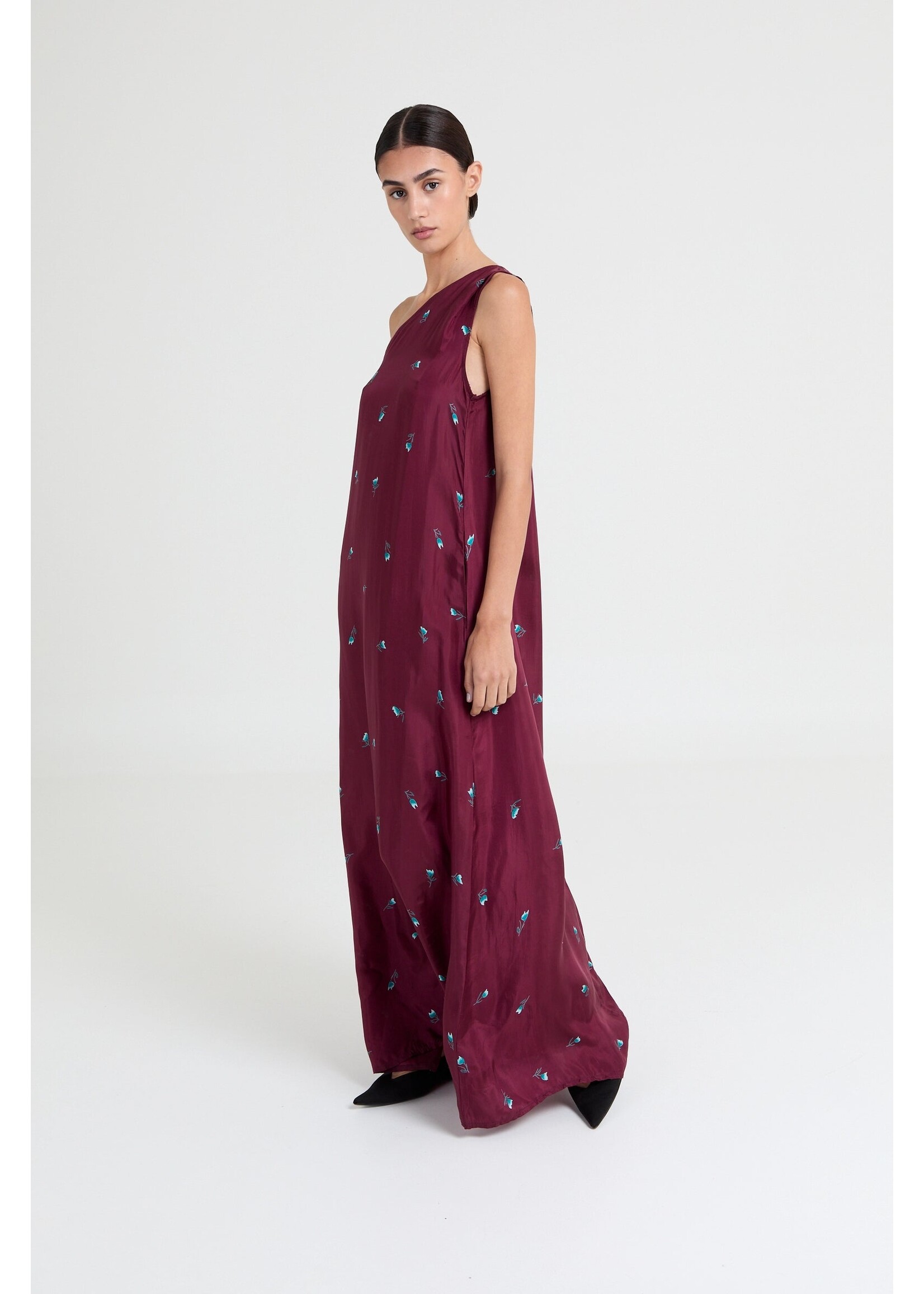 LIVTHELABEL LTL BIBI ONE SHOULDER DRESS BURGUNDY FLOWER PRINT