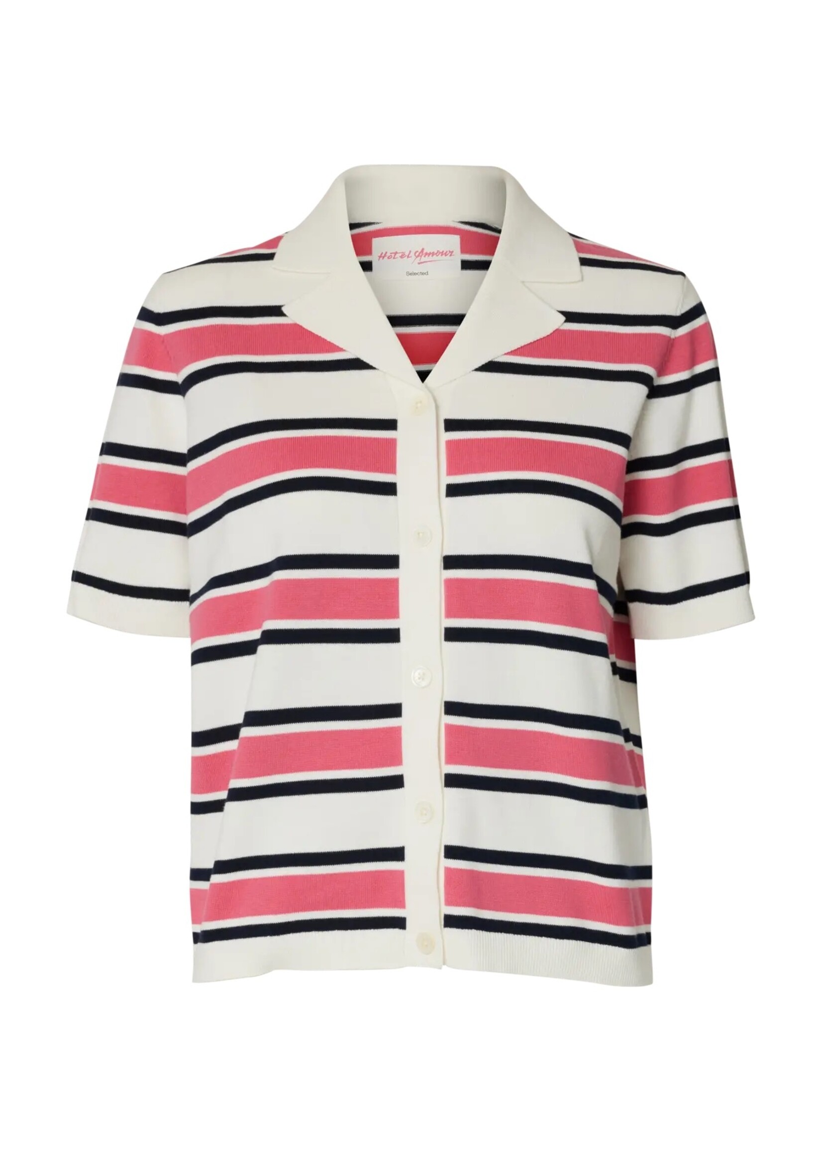 SELECTED FEMME SLFAMOUR SS KNIT POLO CARDIGAN EGRET/PINK/SKY