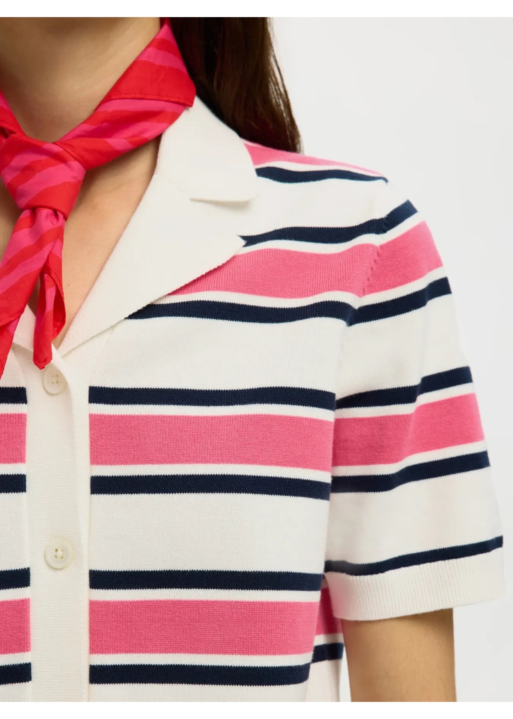 SELECTED FEMME SLFAMOUR SS KNIT POLO CARDIGAN EGRET/PINK/SKY