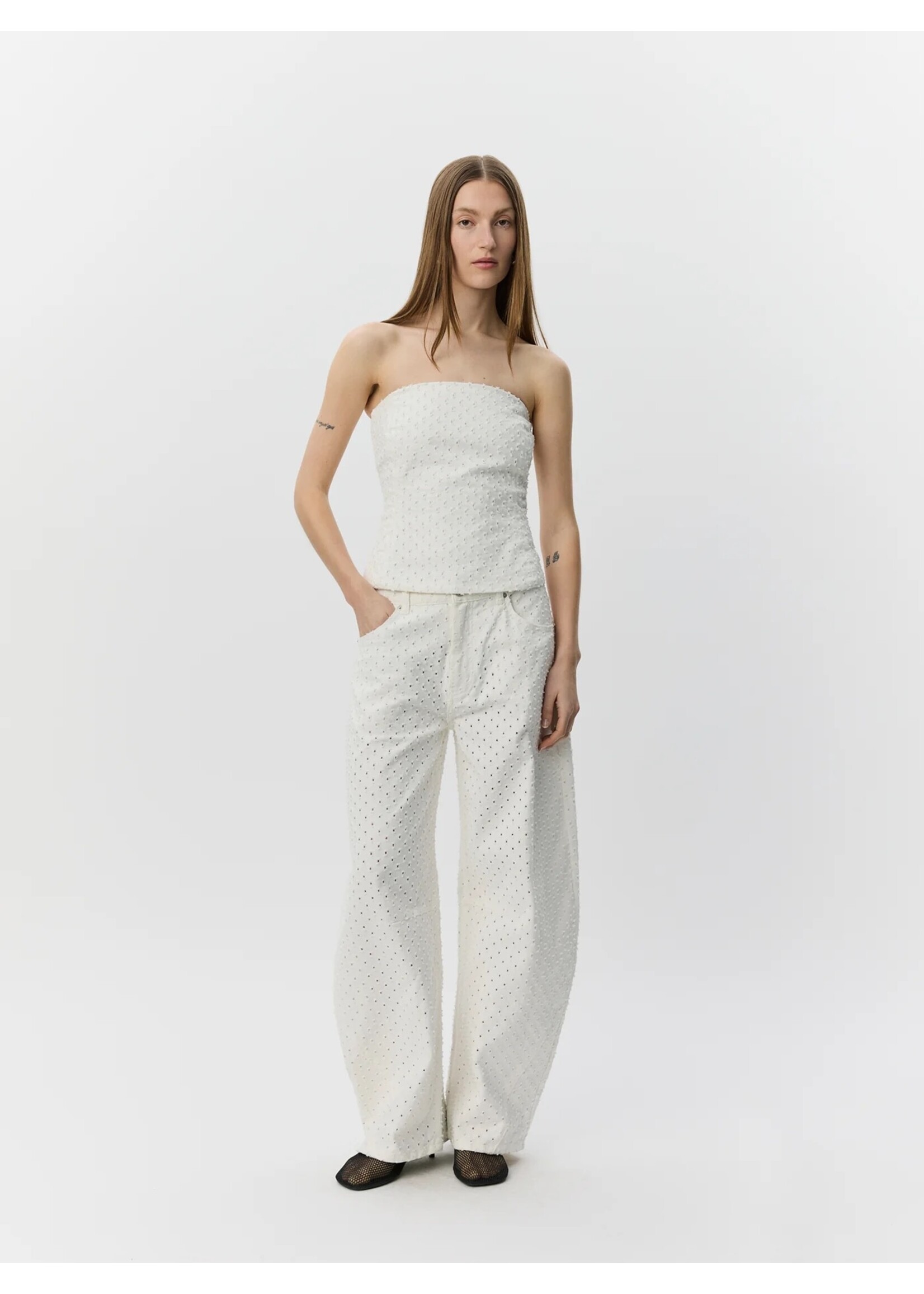 SOFIE SCHNOOR SS AVASW HALTER NECK DENIM TOP OFF WHITE