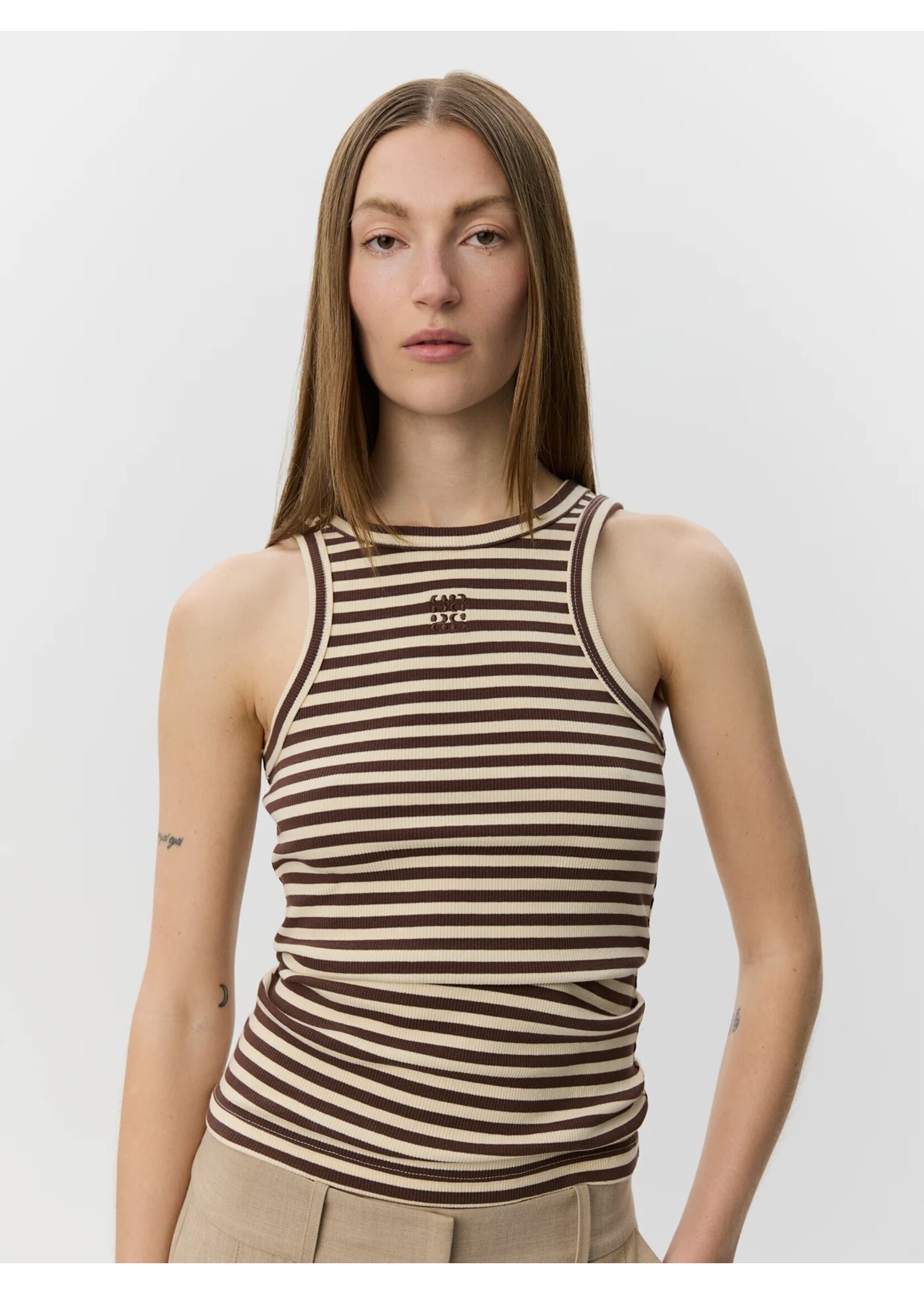 SOFIE SCHNOOR SS BECASW  BROWN STRIPED RIB TANK TOP