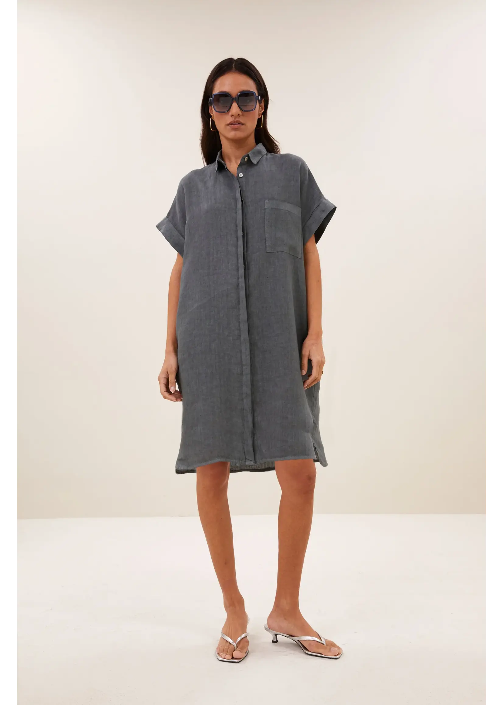 BY-BAR BB HELLA LINEN SS DRESS CHARCHOAL
