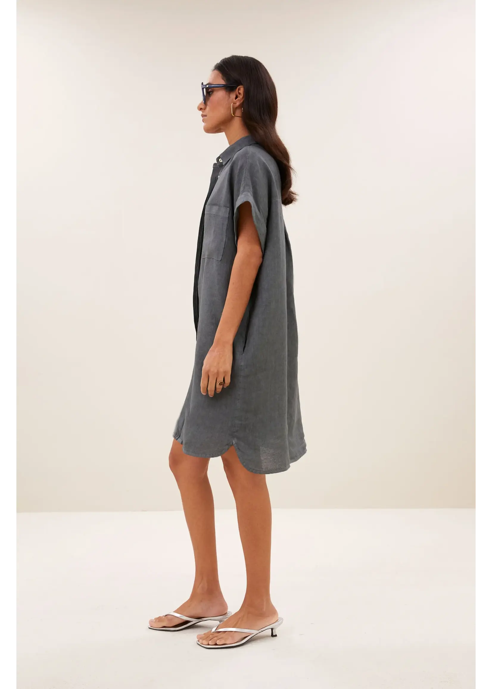 BY-BAR BB HELLA LINEN SS DRESS CHARCHOAL