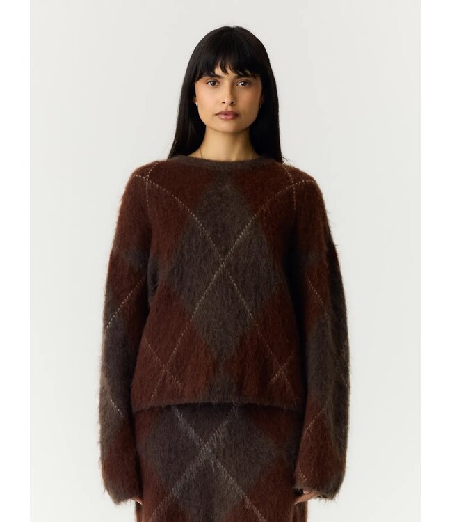YAS YASARGY LS MOHAIR BLEND KNIT PULLOVER CHECK COFFEE BEAN