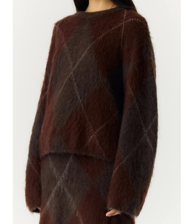 YAS YASARGY LS MOHAIR BLEND KNIT PULLOVER CHECK COFFEE BEAN