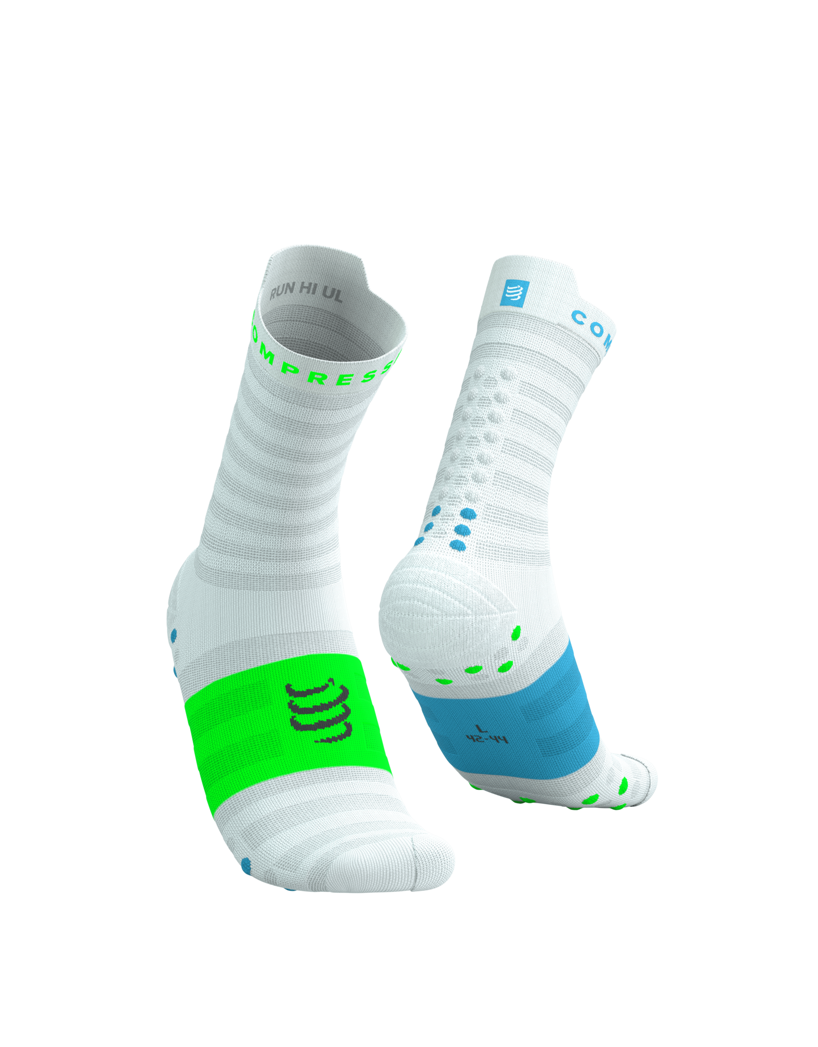 Compressport Pro Racing Socks V4.0 Ultralight Run High - White/Norse Blue/Neon Green