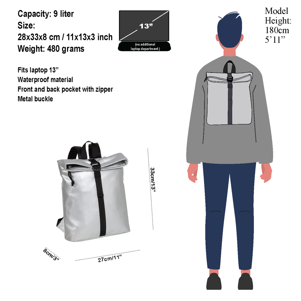 New Rebels New Rebels Mart Los Angeles Metallic Silver 7L Rolltop Backpack Water Repellent