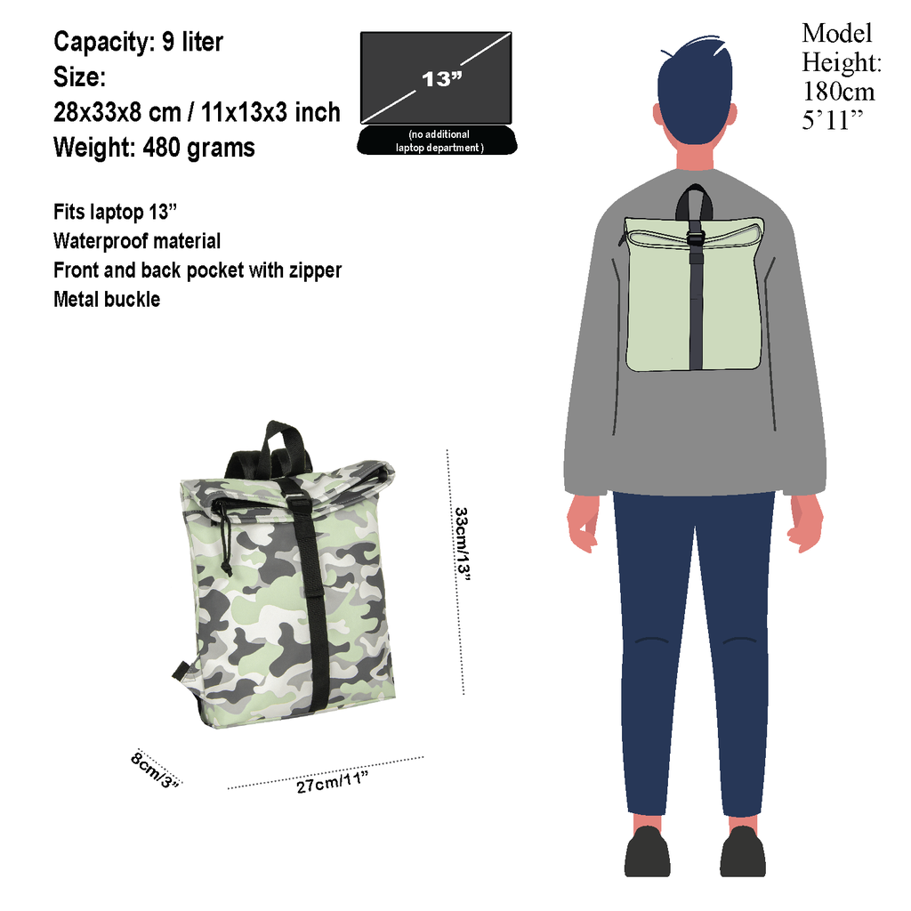 New Rebels New Rebels Mart Los Angeles Camouflage Mint 7L Rolltop Rucksack Wasserabweisend