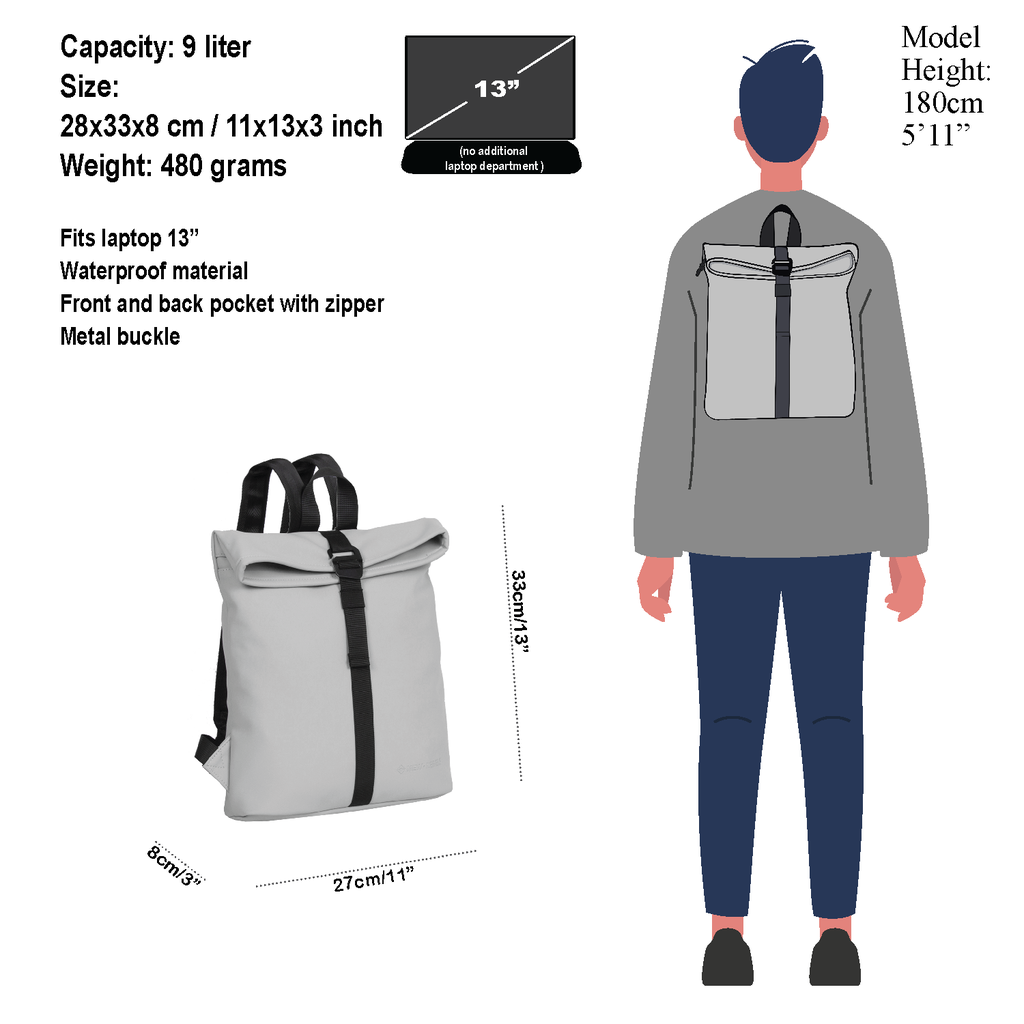 New Rebels New Rebels Mart Los Angeles Light Gray 7L Rolltop Backpack Water Repellent