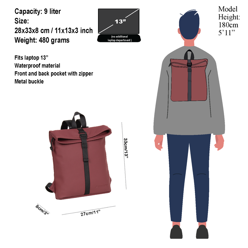 New Rebels New Rebels Mart Los Angeles Burgundy 7L Rolltop Backpack Water Repellent