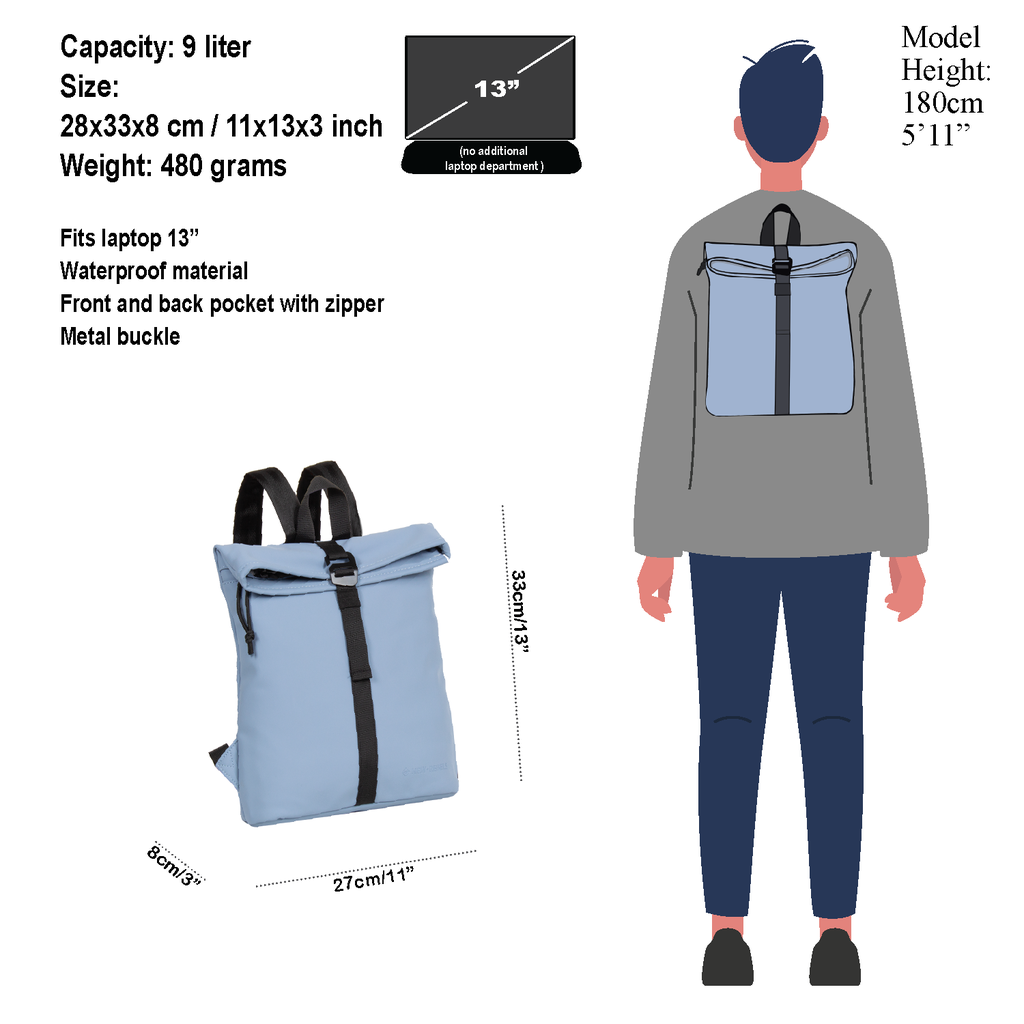 New Rebels New Rebels Mart Los Angeles Soft Blue 7L Rolltop Backpack Water Repellent