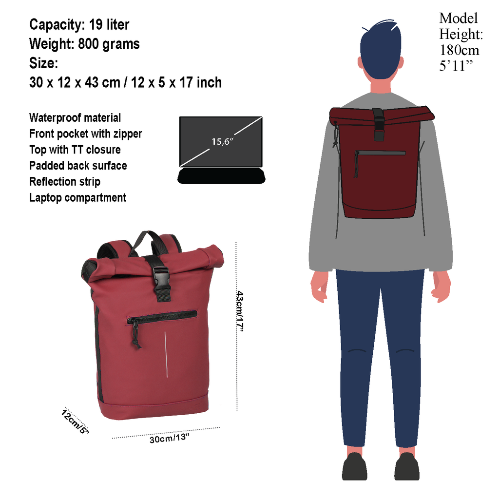 New Rebels Mart New York Burgundy 19L Rucksack Rolltop Wasserabweisend Laptop 15.6