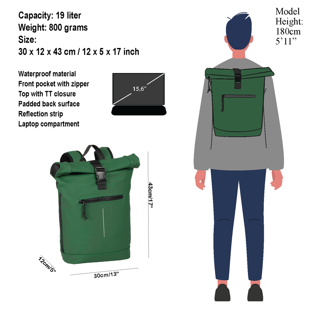 New Rebels New Rebels Mart New York Donkergroen 21L Rugtas Rolltop Waterafstotend Laptop 15.6"