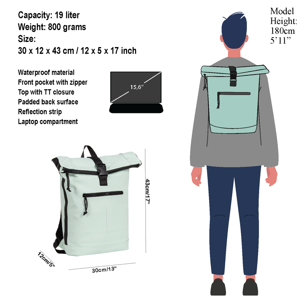 New Rebels Mart New York Mint Blau 19L Rucksack Rolltop Wasserabweisend Laptop 15.6