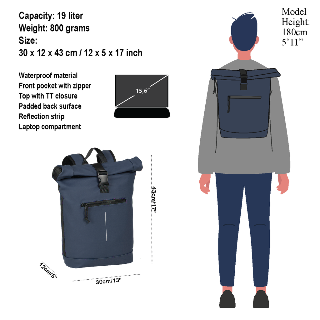 New Rebels Mart New York Navy Blue 19L Backpack Rolltop Water Repellent Laptop 15.6