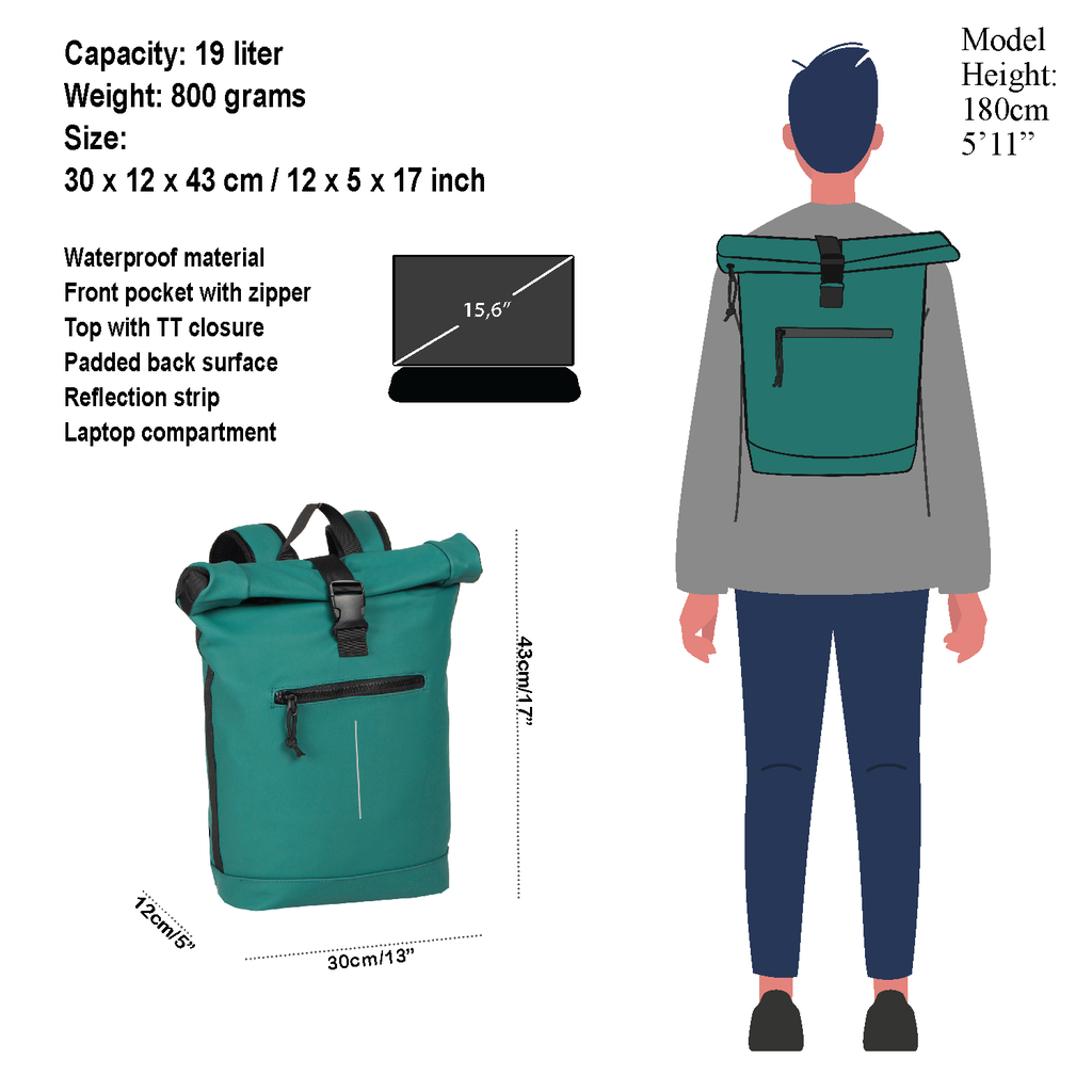 New Rebels Mart New York Petrol 19L Rucksack Rolltop Wasserabweisend Laptop 15.6